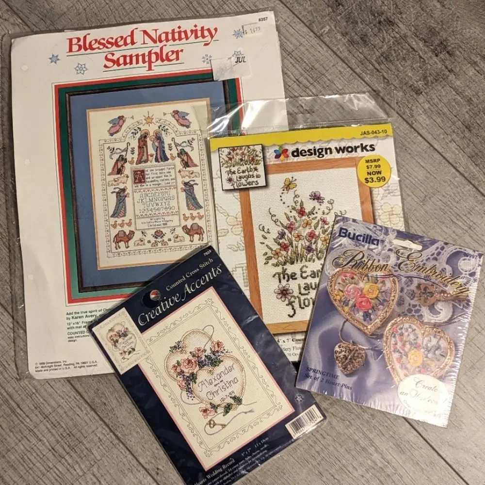 Bundle Cross Stitch & Ribbon Embroidery Dimensions Blessed Nativity Sampler etc.